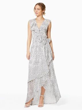 Ramy Brook White Printed Ruffle-Trim Maxi Dress